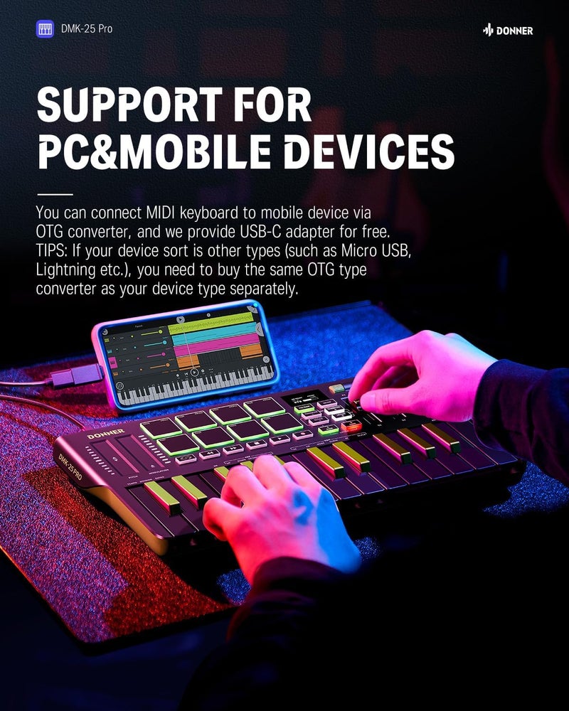 Donner DMK25 برو وحدة تحكم لوحة مفاتيح MIDI، 25 مفتاح مصغر محمول USB-C مع 8 وسادات طبول، شاشة OLED، شريط لمسي مخصص، برنامج إنتاج موسيقي و 40 دورة تعليمية، أخضر - Image 4